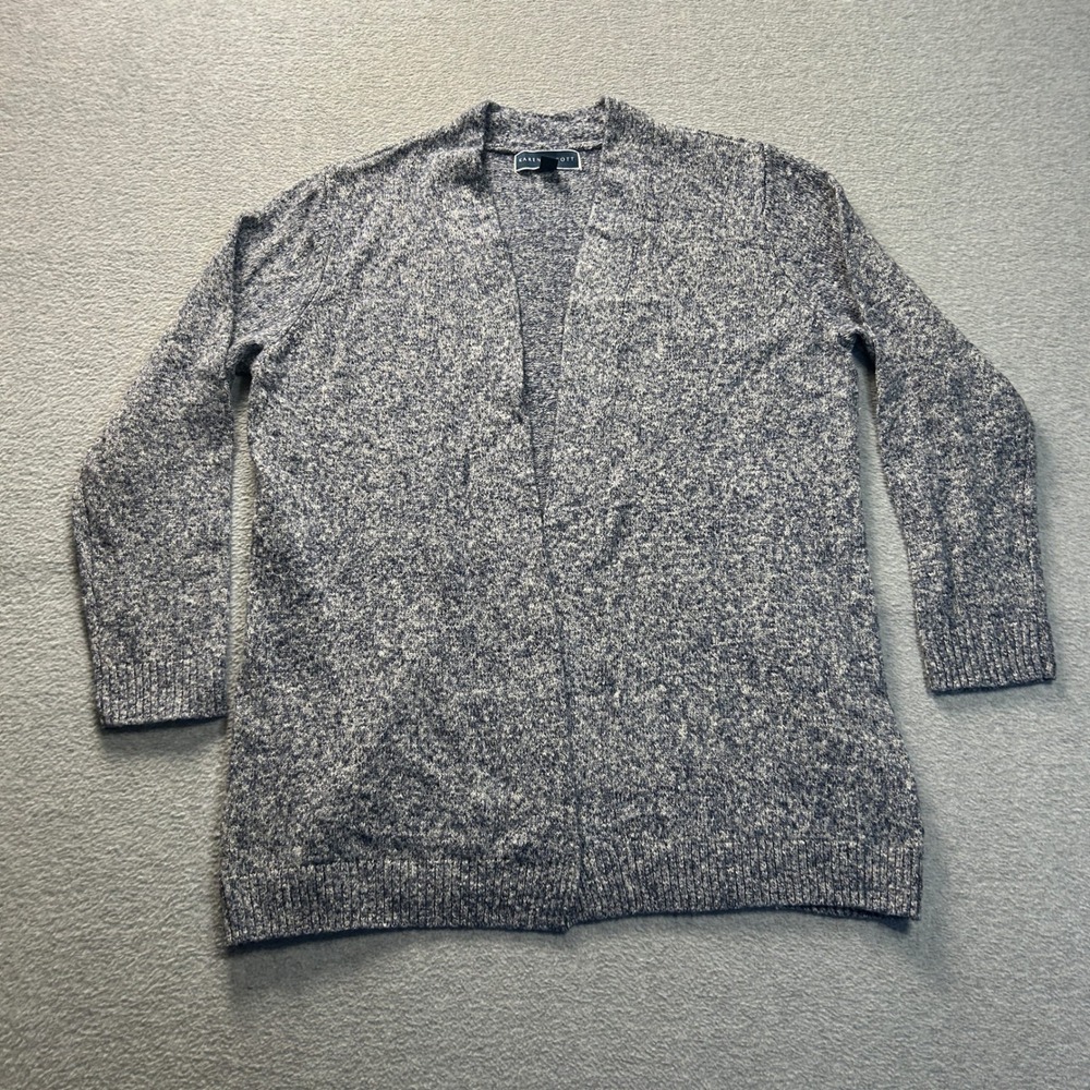 Karen Scott Open Front Knit Cardigan Womens Medium Blue White Marled Sweater Top